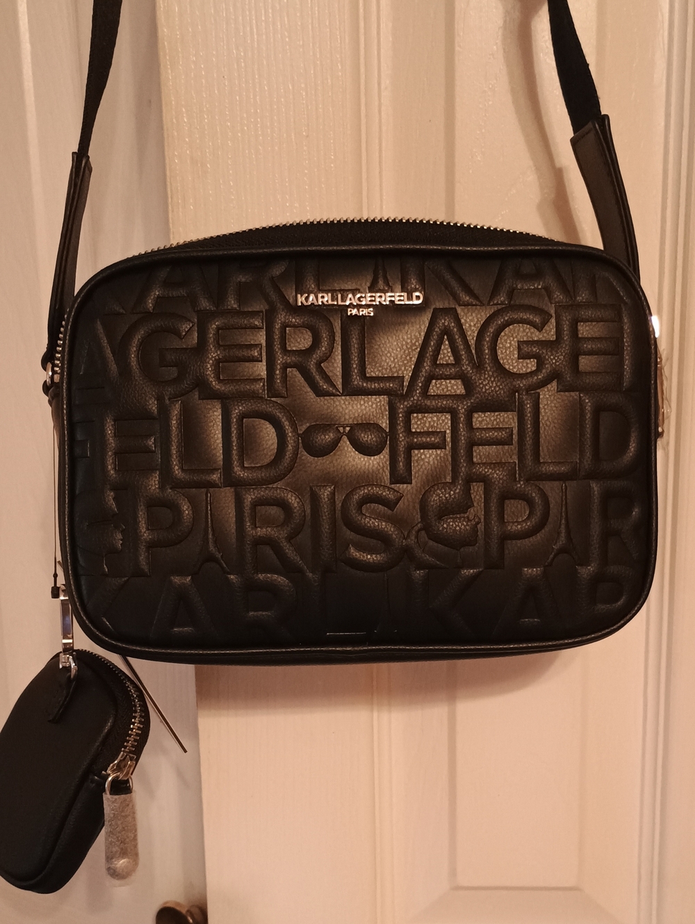 NWT Karl Lagerfeld Paris Black All-Over Embossed Logo Camera Crossbody Bag